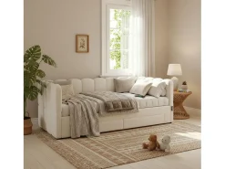 Sofá-cama acolchoado 90x200cm - con cama nido - con 2 gavetas e porta USB - tecido de linho - Bege​ (colchão não incluído)