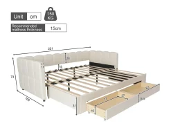 Sofá-cama acolchoado 90x200cm - con cama nido - con 2 gavetas e porta USB - tecido de linho - Bege​ (colchão não incluído)