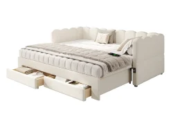 Sofá-cama acolchoado 90x200cm - con cama nido - con 2 gavetas e porta USB - tecido de linho - Bege​ (colchão não incluído)