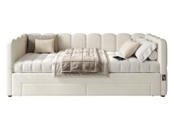 Sofá-cama acolchoado 90x200cm - con cama nido - con 2 gavetas e porta USB - tecido de linho - Bege​ (colchão não incluído)
