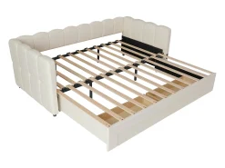 Sofá-cama acolchoado 90x200cm - con cama nido - con 2 gavetas e porta USB - tecido de linho - Bege​ (colchão não incluído)