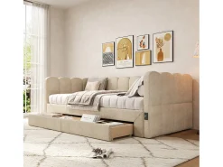 Sofá-cama acolchoado 90x200cm - con cama nido - con 2 gavetas e porta USB - Tecido de chenille - Bege​ (colchão não incluído)