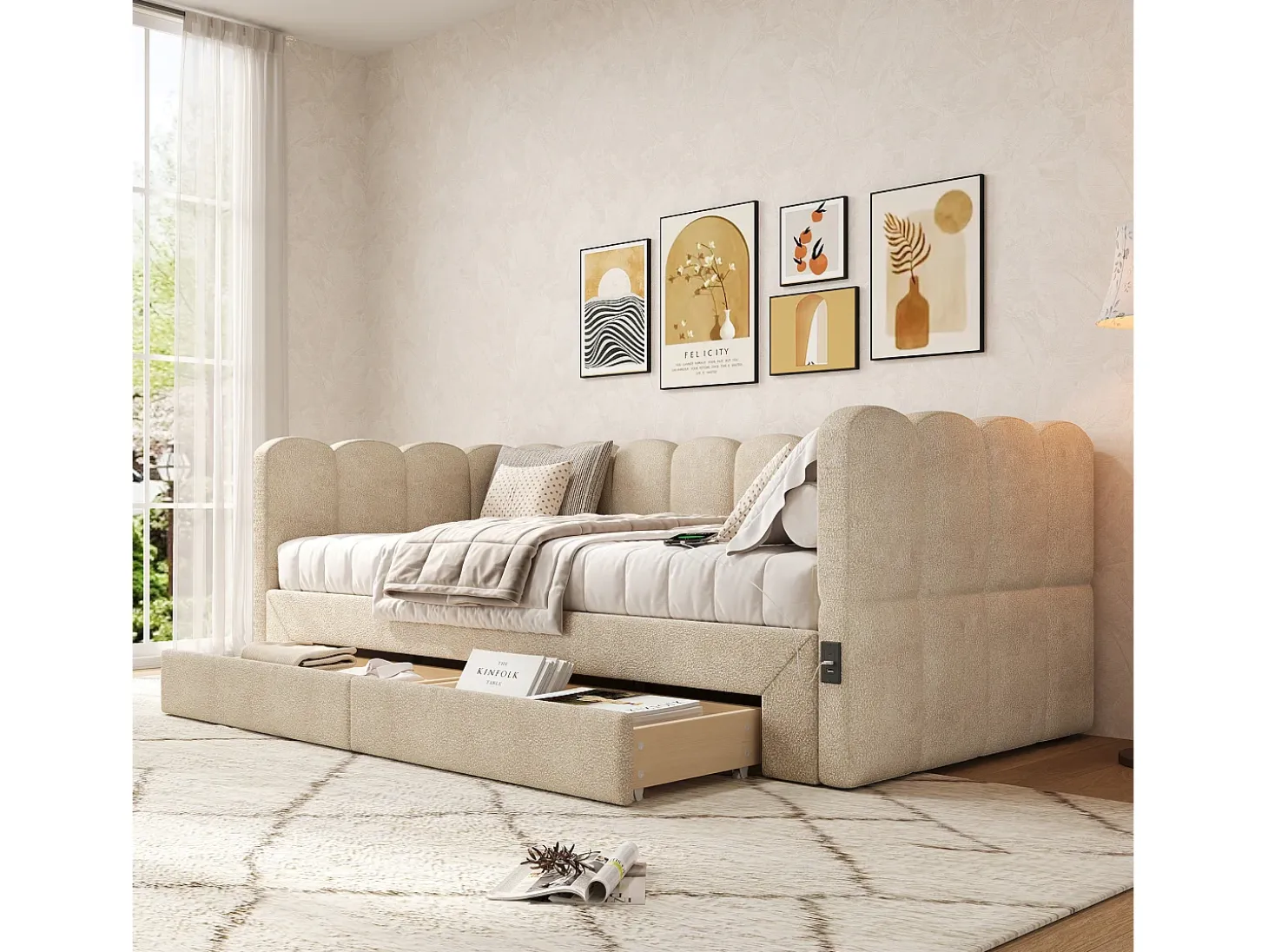 Sofá-cama acolchoado 90x200cm - con cama nido - con 2 gavetas e porta USB - Tecido de chenille - Bege (colchão não incluído)
