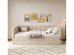 Sofá-cama acolchoado 90x200cm - con cama nido - con 2 gavetas e porta USB - Tecido de chenille - Bege (colchão não incluído)