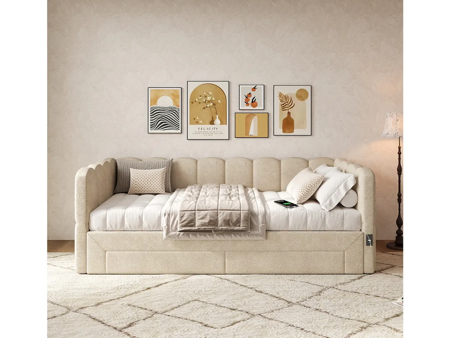 Sofá-cama acolchoado 90x200cm - con cama nido - con 2 gavetas e porta USB - Tecido de chenille - Bege (colchão não incluído)