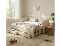 Sofá-cama acolchoado 90x200cm - con cama nido - con 2 gavetas e porta USB - Tecido de chenille - Bege (colchão não incluído)