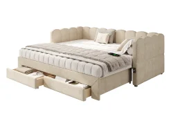 Sofá-cama acolchoado 90x200cm - con cama nido - con 2 gavetas e porta USB - Tecido de chenille - Bege (colchão não incluído)