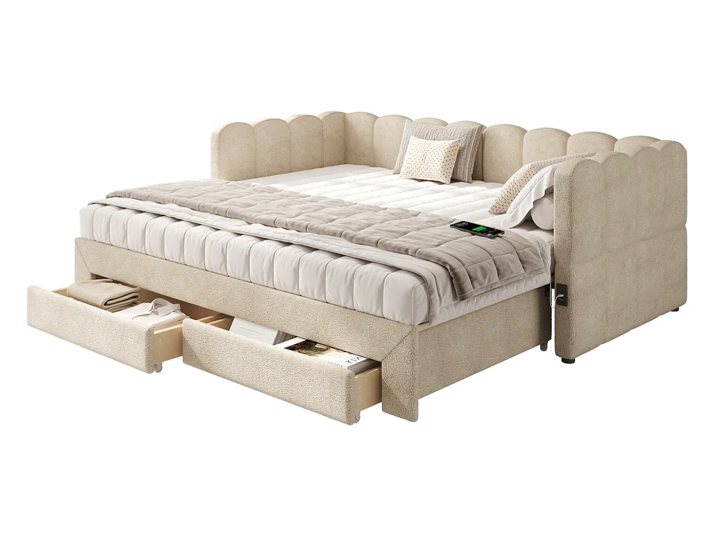 Sofá-cama acolchoado 90x200cm - con cama nido - con 2 gavetas e porta USB - Tecido de chenille - Bege (colchão não incluído)