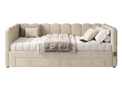 Sofá-cama acolchoado 90x200cm - con cama nido - con 2 gavetas e porta USB - Tecido de chenille - Bege (colchão não incluído)