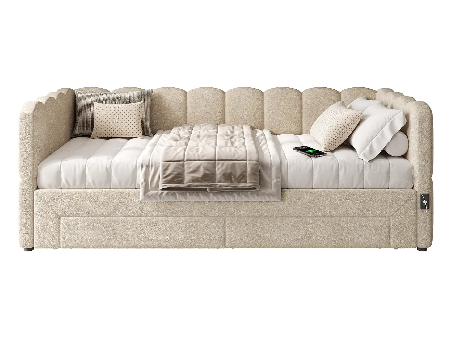 Sofá-cama acolchoado 90x200cm - con cama nido - con 2 gavetas e porta USB - Tecido de chenille - Bege (colchão não incluído)