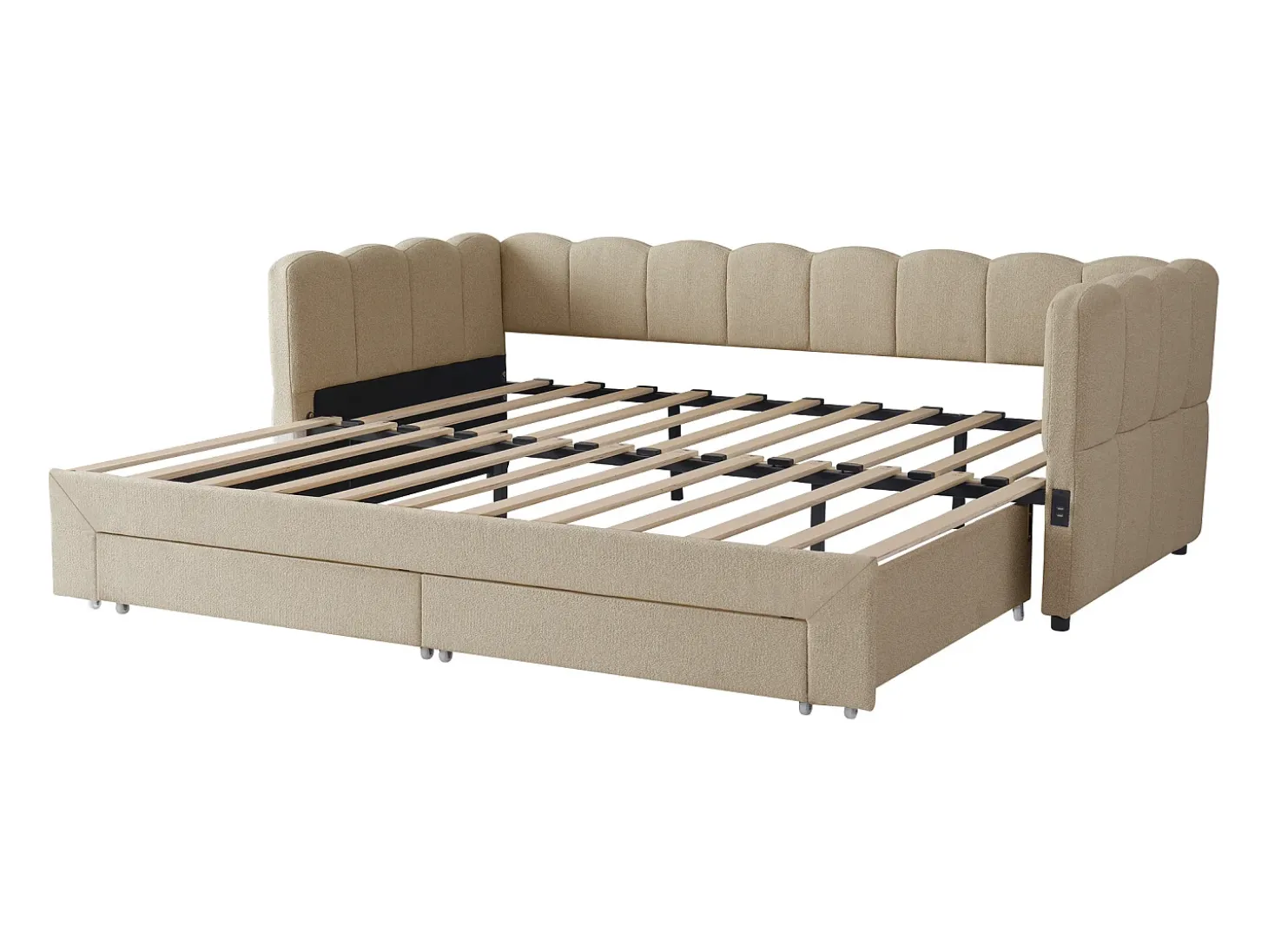 Sofá-cama acolchoado 90x200cm - con cama nido - con 2 gavetas e porta USB - Tecido de chenille - Bege (colchão não incluído)