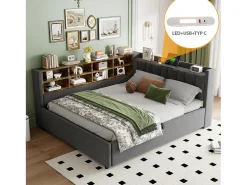 Sofá-cama com armazenamento 90×200 cm - com iluminação - com porta USB e Type-C - Veludo - Cinza escuro (sem colchão)