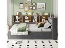 Sofá-cama com armazenamento 90×200 cm - com iluminação - com porta USB e Type-C - Veludo - Cinza escuro (sem colchão)