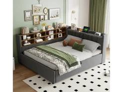 Sofá-cama com armazenamento 90×200 cm - com iluminação - com porta USB e Type-C - Veludo - Cinza escuro (sem colchão)