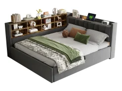 Sofá-cama com armazenamento 90×200 cm - com iluminação - com porta USB e Type-C - Veludo - Cinza escuro (sem colchão)