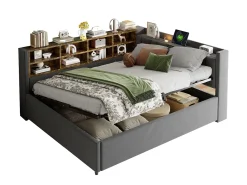 Sofá-cama com armazenamento 90×200 cm - com iluminação - com porta USB e Type-C - Veludo - Cinza escuro (sem colchão)