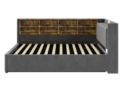 Sofá-cama com armazenamento 90×200 cm - com iluminação - com porta USB e Type-C - Veludo - Cinza escuro (sem colchão)
