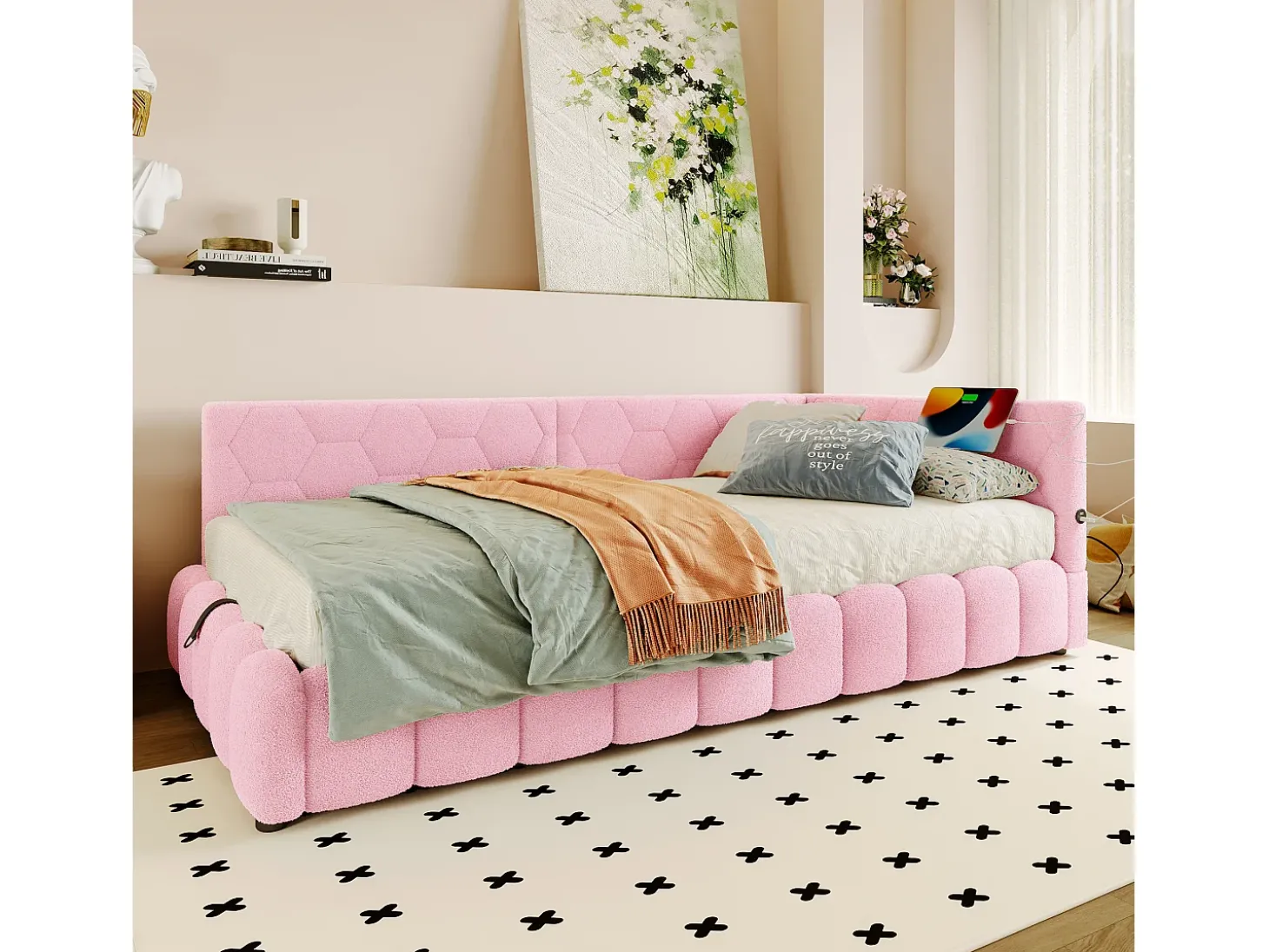 Sofá-cama com baú 90x200 cm - com iluminação LED - com USB + Type-C - rosa (sem colchão)