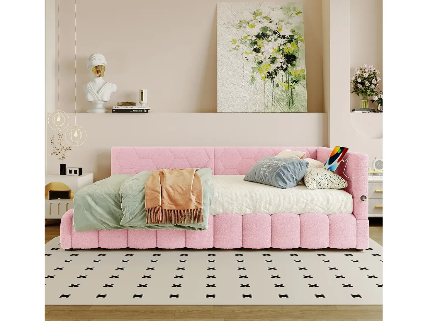 Sofá-cama com baú 90x200 cm - com iluminação LED - com USB + Type-C - rosa (sem colchão)