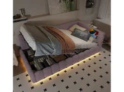 Sofá-cama com baú 90x200 cm - com iluminação LED - com USB + Type-C - rosa (sem colchão)