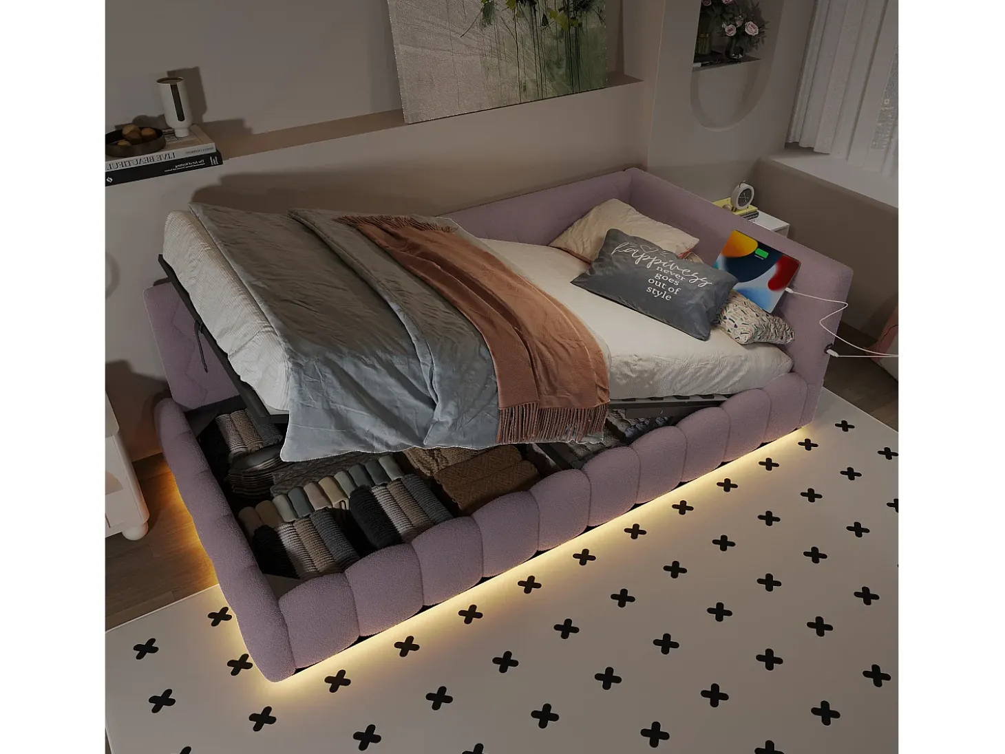 Sofá-cama com baú 90x200 cm - com iluminação LED - com USB + Type-C - rosa (sem colchão)