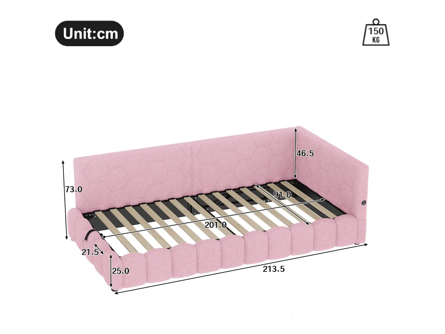 Sofá-cama com baú 90x200 cm - com iluminação LED - com USB + Type-C - rosa (sem colchão)