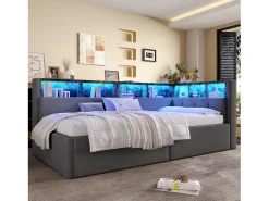 Sofá-cama com baú 90x200 cm - com portas USB + Type-C - múltiplos espaços de armazenamento - com fita luminosa LED - cinza (colchão não incluído)