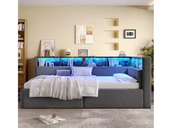 Sofá-cama com baú 90x200 cm - com portas USB + Type-C - múltiplos espaços de armazenamento - com fita luminosa LED - cinza (colchão não incluído)