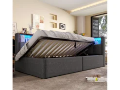 Sofá-cama com baú 90x200 cm - com portas USB + Type-C - múltiplos espaços de armazenamento - com fita luminosa LED - cinza (colchão não incluído)