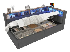 Sofá-cama com baú 90x200 cm - com portas USB + Type-C - múltiplos espaços de armazenamento - com fita luminosa LED - cinza (colchão não incluído)