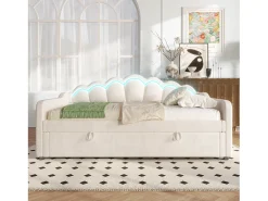 Sofá-cama com baú 90x200 cm - Luz LED colorida cambiante - Veludo - Bege (sem colchão)