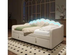 Sofá-cama com baú 90x200 cm - Luz LED colorida cambiante - Veludo - Bege (sem colchão)