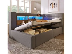 Sofá-cama com baú 90x190cm - con LED e porta de carregamento - con somier de ripas - tecido de linho - cinza​ (colchão não incluído)