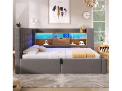 Sofá-cama com baú 90x190cm - con LED e porta de carregamento - con somier de ripas - tecido de linho - cinza (colchão não incluído)
