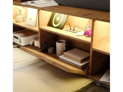 Sofá-cama com baú 90x190cm - con LED e porta de carregamento - con somier de ripas - tecido de linho - cinza (colchão não incluído)