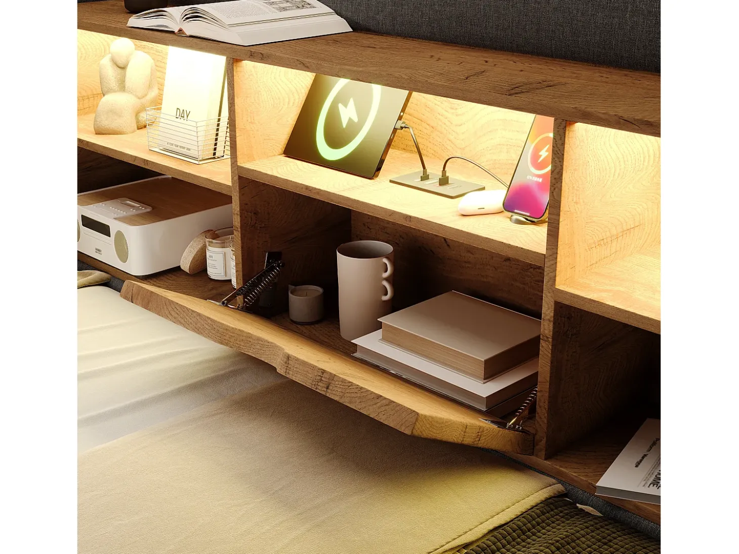 Sofá-cama com baú 90x190cm - con LED e porta de carregamento - con somier de ripas - tecido de linho - cinza (colchão não incluído)