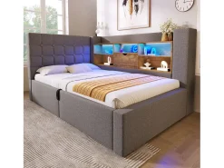 Sofá-cama com baú 90x190cm - con LED e porta de carregamento - con somier de ripas - tecido de linho - cinza (colchão não incluído)