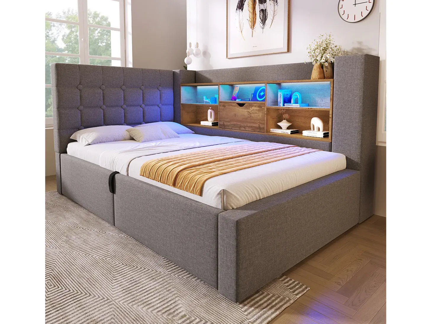 Sofá-cama com baú 90x190cm - con LED e porta de carregamento - con somier de ripas - tecido de linho - cinza (colchão não incluído)