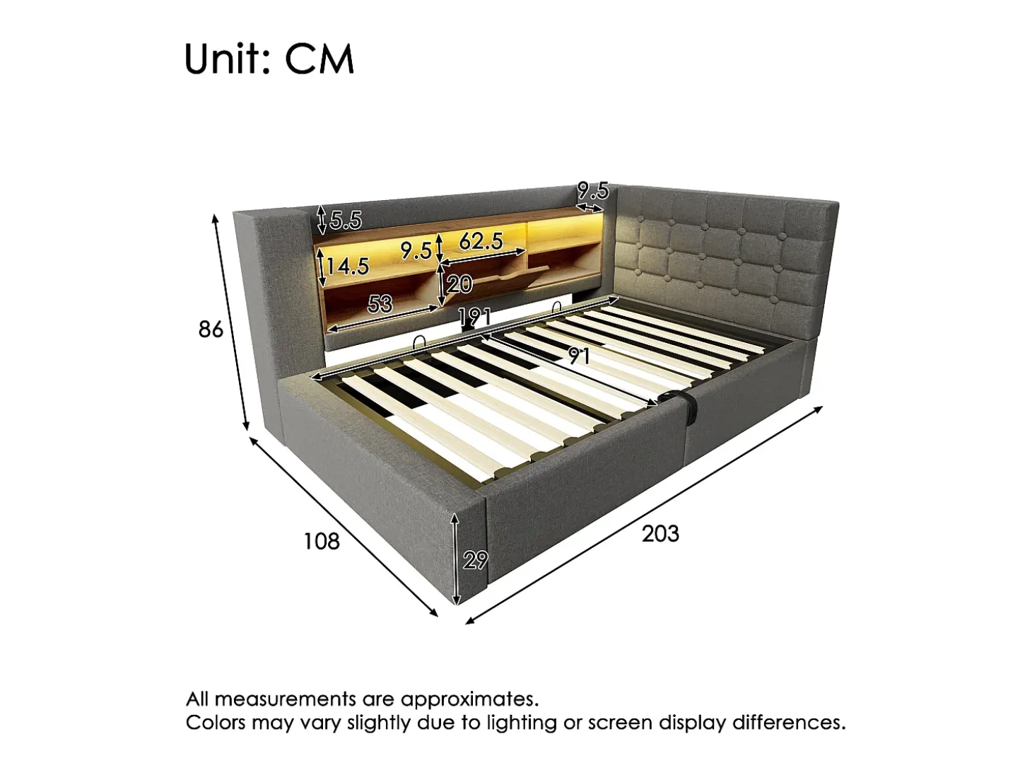 Sofá-cama com baú 90x190cm - con LED e porta de carregamento - con somier de ripas - tecido de linho - cinza (colchão não incluído)