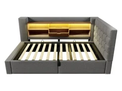 Sofá-cama com baú 90x190cm - con LED e porta de carregamento - con somier de ripas - tecido de linho - cinza (colchão não incluído)