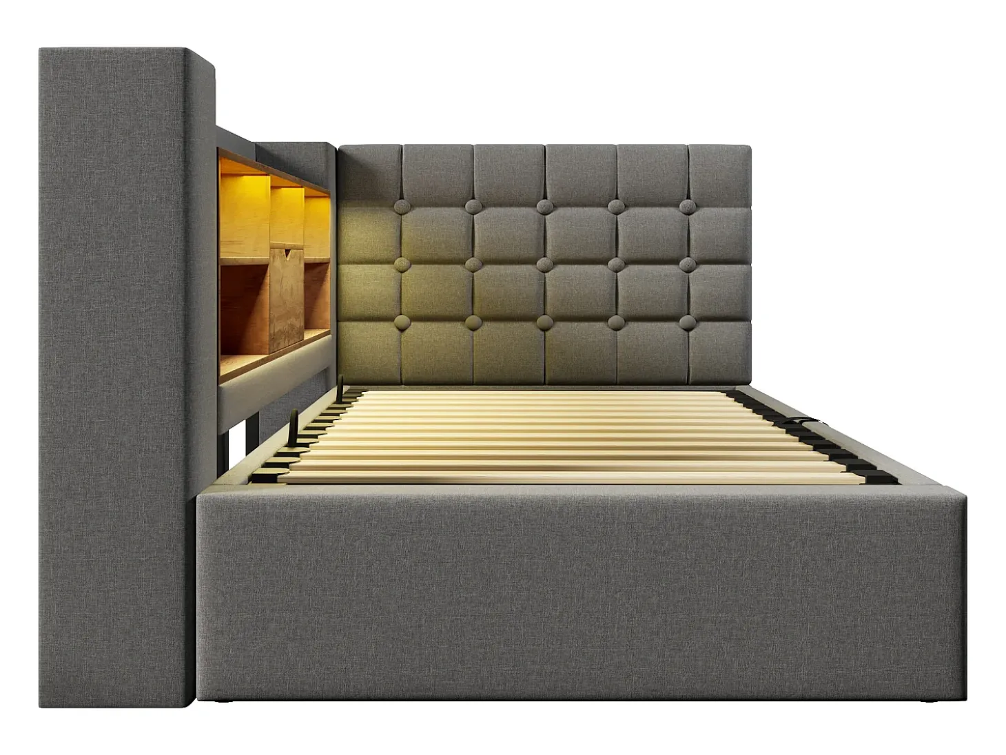 Sofá-cama com baú 90x190cm - con LED e porta de carregamento - con somier de ripas - tecido de linho - cinza (colchão não incluído)