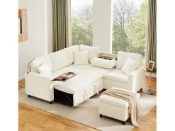 Sofá-cama conversível - 205 x 205 x 85 cm - com pufe de arrumação + candeeiro de leitura + porta USB-C + mesa lateral embutida - estampado em chenille - bege