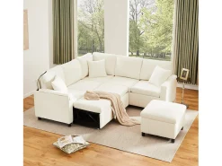 Sofá-cama conversível - 205 x 205 x 85 cm - com pufe de arrumação + candeeiro de leitura + porta USB-C + mesa lateral embutida - estampado em chenille - bege