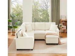 Sofá-cama conversível - 205 x 205 x 85 cm - com pufe de arrumação + candeeiro de leitura + porta USB-C + mesa lateral embutida - estampado em chenille - bege