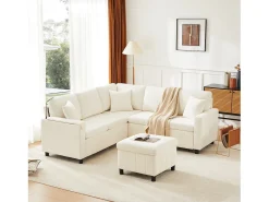 Sofá-cama conversível - 205 x 205 x 85 cm - com pufe de arrumação + candeeiro de leitura + porta USB-C + mesa lateral embutida - estampado em chenille - bege
