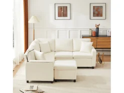 Sofá-cama conversível - 205 x 205 x 85 cm - com pufe de arrumação + candeeiro de leitura + porta USB-C + mesa lateral embutida - estampado em chenille - bege