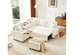 Sofá-cama conversível - 205 x 205 x 85 cm - com pufe de arrumação + candeeiro de leitura + porta USB-C + mesa lateral embutida - estampado em chenille - bege