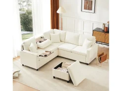 Sofá-cama conversível - 205 x 205 x 85 cm - com pufe de arrumação + candeeiro de leitura + porta USB-C + mesa lateral embutida - estampado em chenille - bege