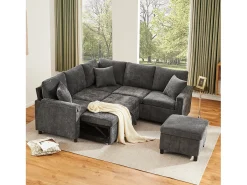 Sofá-cama conversível - 205 x 205 x 85 cm - com pufe de arrumação + candeeiro de leitura + porta USB-C + mesa lateral embutida - estampado em chenille - cinzento