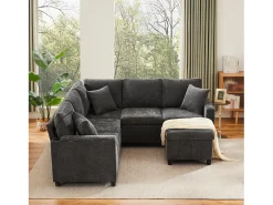 Sofá-cama conversível - 205 x 205 x 85 cm - com pufe de arrumação + candeeiro de leitura + porta USB-C + mesa lateral embutida - estampado em chenille - cinzento